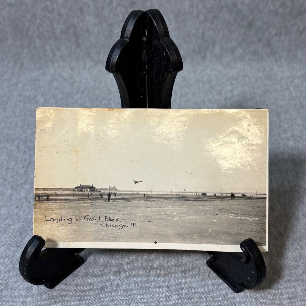 Vintage Grant Park Chicago Illinois Airplane Landing Photo Sepia Antique